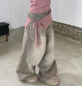 set of adjustable length striped knit t-shirt and layered ribbon wrap skirt
