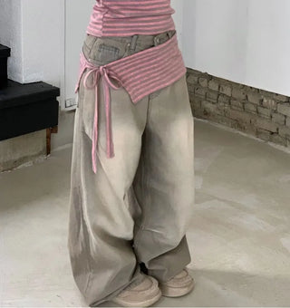 set of adjustable length striped knit t-shirt and layered ribbon wrap skirt