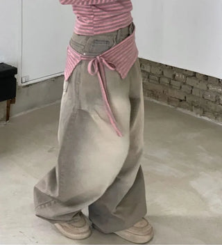 set of adjustable length striped knit t-shirt and layered ribbon wrap skirt