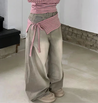 set of adjustable length striped knit t-shirt and layered ribbon wrap skirt