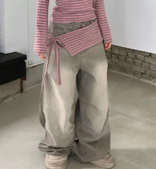 set of adjustable length striped knit t-shirt and layered ribbon wrap skirt