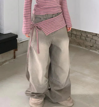 set of adjustable length striped knit t-shirt and layered ribbon wrap skirt