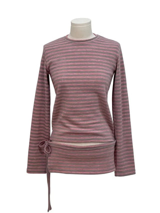 set of adjustable length striped knit t-shirt and layered ribbon wrap skirt