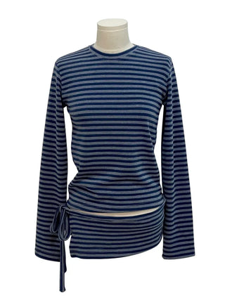 set of adjustable length striped knit t-shirt and layered ribbon wrap skirt