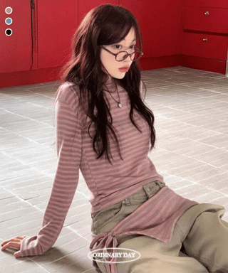 set of adjustable length striped knit t-shirt and layered ribbon wrap skirt