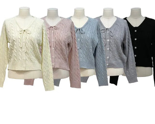 Ruffle Mood Loose Fit Twisted Cable Knit Ribbon Cardigan