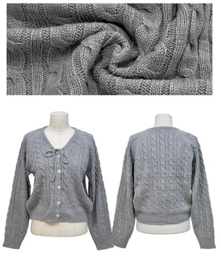 Ruffle Mood Loose Fit Twisted Cable Knit Ribbon Cardigan