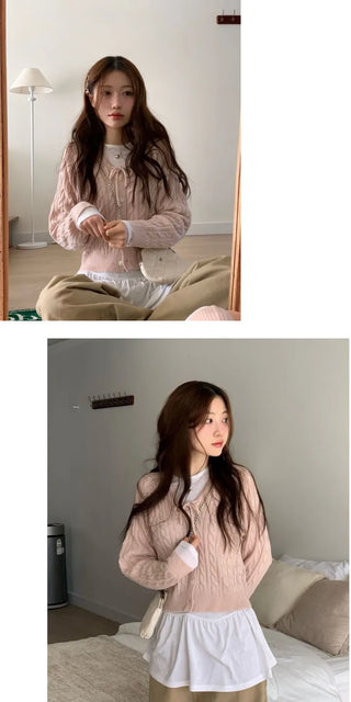 Ruffle Mood Loose Fit Twisted Cable Knit Ribbon Cardigan