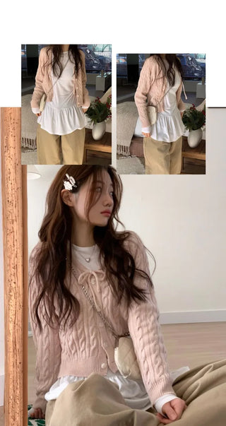 Ruffle Mood Loose Fit Twisted Cable Knit Ribbon Cardigan