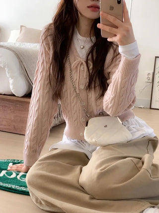Ruffle Mood Loose Fit Twisted Cable Knit Ribbon Cardigan