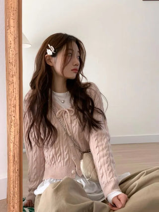 Ruffle Mood Loose Fit Twisted Cable Knit Ribbon Cardigan