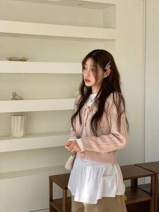 Ruffle Mood Loose Fit Twisted Cable Knit Ribbon Cardigan