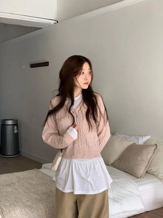 Ruffle Mood Loose Fit Twisted Cable Knit Ribbon Cardigan