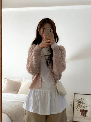 Ruffle Mood Loose Fit Twisted Cable Knit Ribbon Cardigan