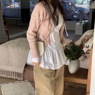 Ruffle Mood Loose Fit Twisted Cable Knit Ribbon Cardigan