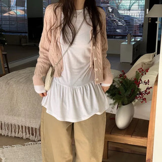 Ruffle Mood Loose Fit Twisted Cable Knit Ribbon Cardigan