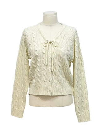 Ruffle Mood Loose Fit Twisted Cable Knit Ribbon Cardigan