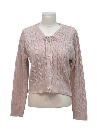 Ruffle Mood Loose Fit Twisted Cable Knit Ribbon Cardigan