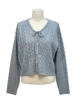 Ruffle Mood Loose Fit Twisted Cable Knit Ribbon Cardigan