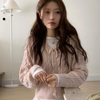 Ruffle Mood Loose Fit Twisted Cable Knit Ribbon Cardigan