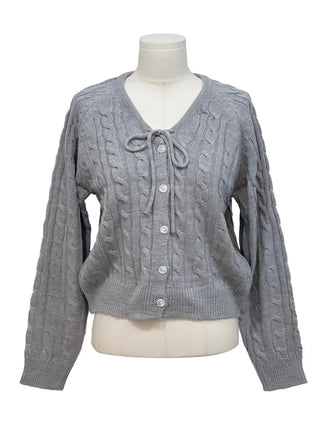 Ruffle Mood Loose Fit Twisted Cable Knit Ribbon Cardigan