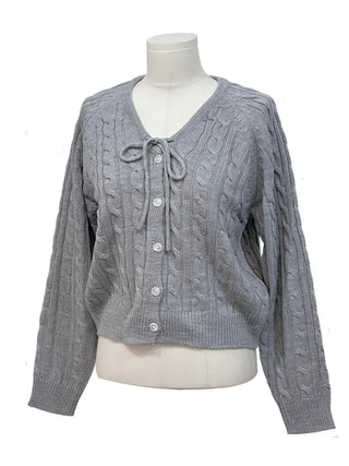Ruffle Mood Loose Fit Twisted Cable Knit Ribbon Cardigan
