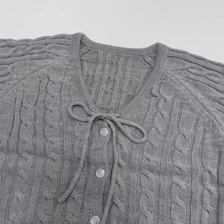 Ruffle Mood Loose Fit Twisted Cable Knit Ribbon Cardigan