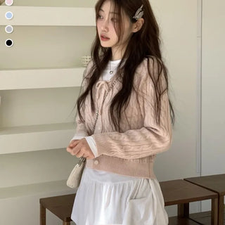 Ruffle Mood Loose Fit Twisted Cable Knit Ribbon Cardigan