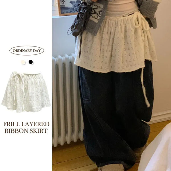 Cheese Frill Shirring Layered Ribbon Wrap Lace Mini Skirt