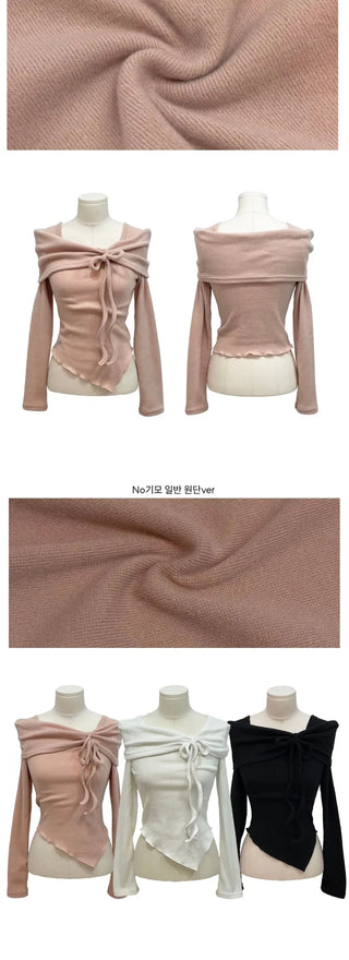 Shabby ribbon shirring loose fit off-shoulder wave long sleeve knit
