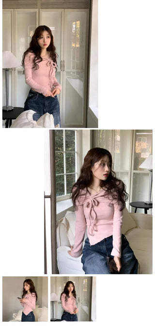 Shabby ribbon shirring loose fit off-shoulder wave long sleeve knit