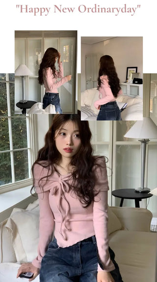 Shabby ribbon shirring loose fit off-shoulder wave long sleeve knit