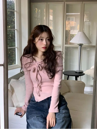 Shabby ribbon shirring loose fit off-shoulder wave long sleeve knit