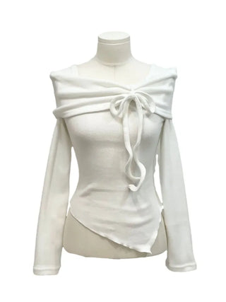 Shabby ribbon shirring loose fit off-shoulder wave long sleeve knit