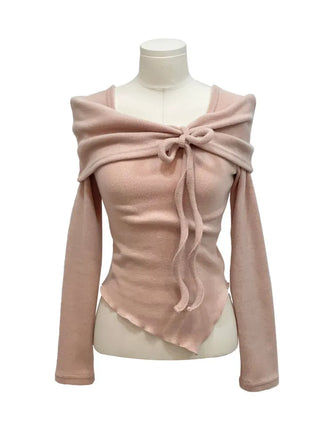 Shabby ribbon shirring loose fit off-shoulder wave long sleeve knit