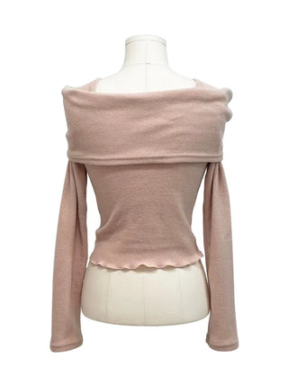 Shabby ribbon shirring loose fit off-shoulder wave long sleeve knit