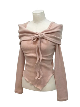 Shabby ribbon shirring loose fit off-shoulder wave long sleeve knit