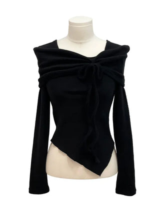 Shabby ribbon shirring loose fit off-shoulder wave long sleeve knit