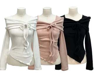 Shabby ribbon shirring loose fit off-shoulder wave long sleeve knit