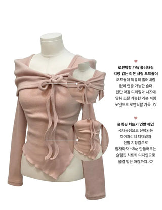 Shabby ribbon shirring loose fit off-shoulder wave long sleeve knit
