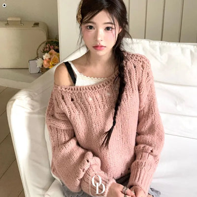 Tire Boat Neck Punching Off Loose Fit Knit
