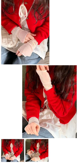 Pray Lace See-through Layered Mock Neck Long Sleeve T-Shirt