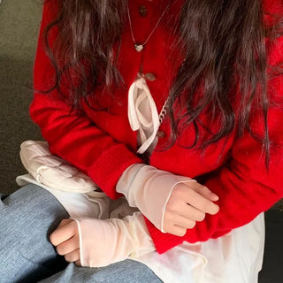 Pray Lace See-through Layered Mock Neck Long Sleeve T-Shirt