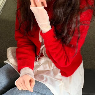 Pray Lace See-through Layered Mock Neck Long Sleeve T-Shirt