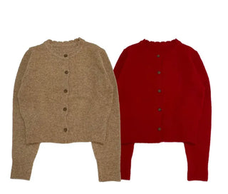 Anna wave-neck loose fit vintage wool knit loose cardigan