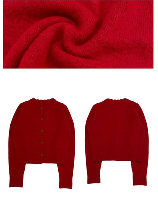 Anna wave-neck loose fit vintage wool knit loose cardigan