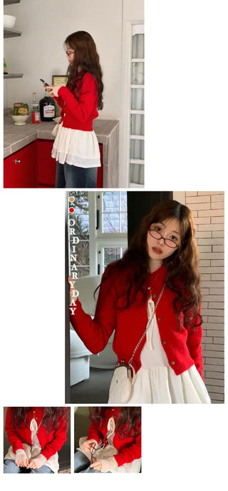 Anna wave-neck loose fit vintage wool knit loose cardigan