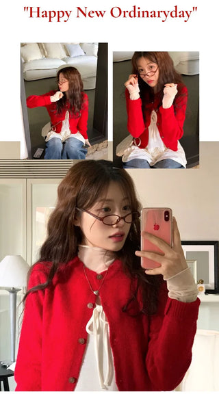Anna wave-neck loose fit vintage wool knit loose cardigan