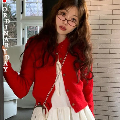 Anna wave-neck loose fit vintage wool knit loose cardigan