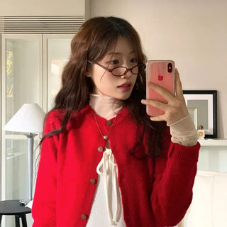Anna wave-neck loose fit vintage wool knit loose cardigan